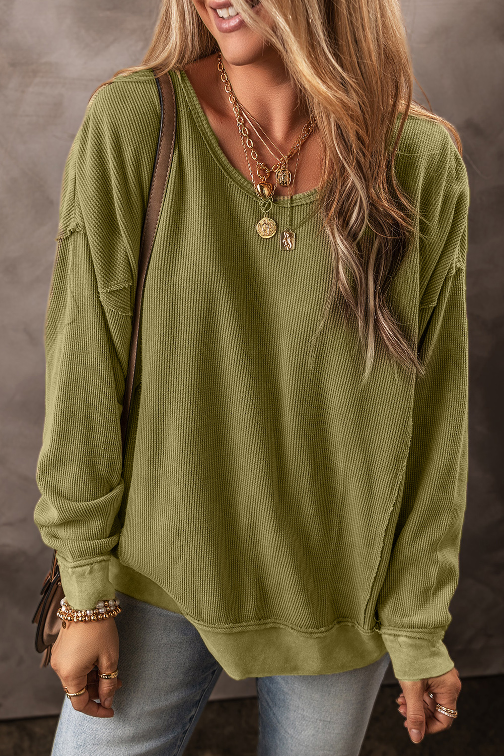 Jungle Green Textured Seamed Drop Sleeve Sweatshirt - loveforevers