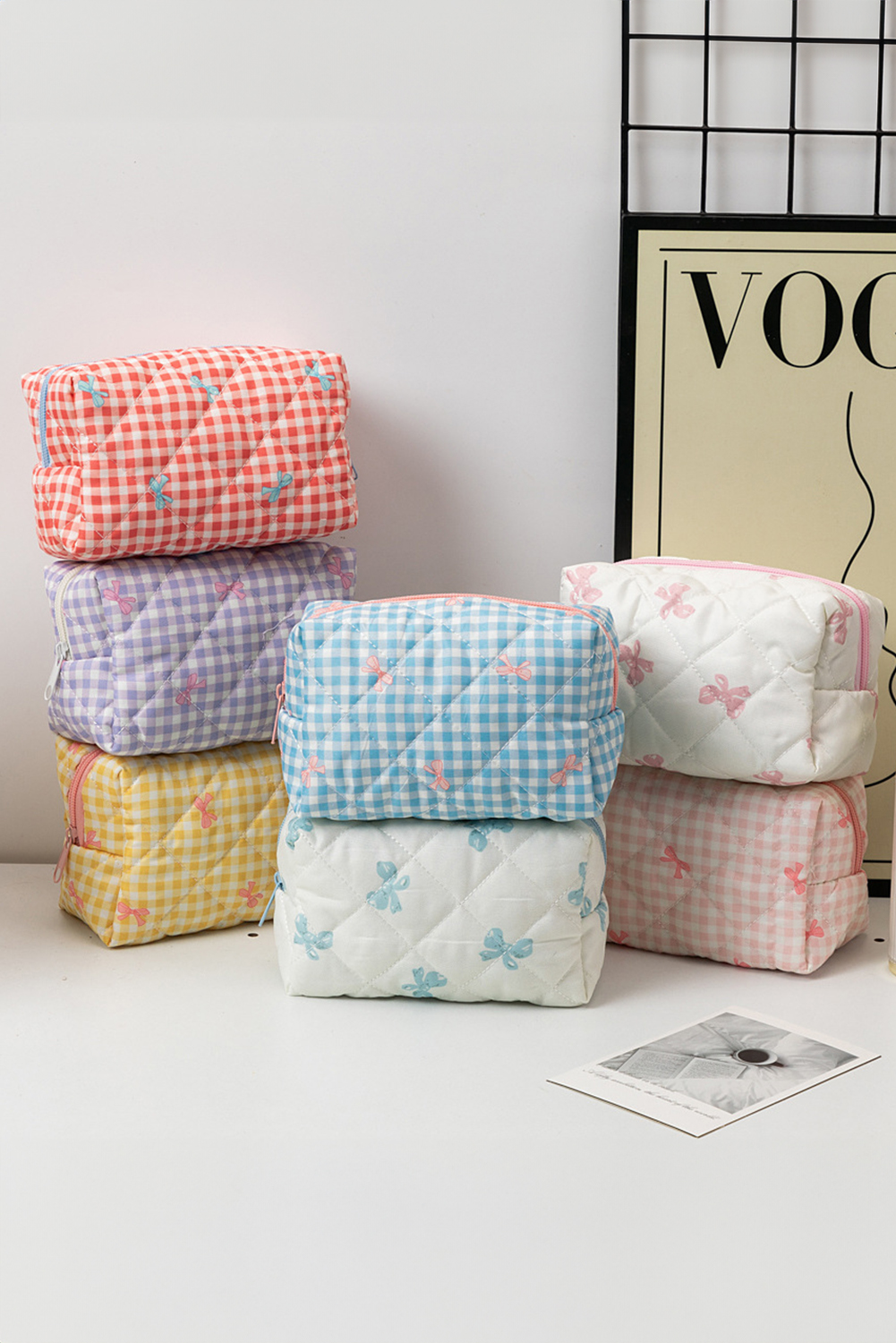 Pink Sweet Bow Knot Print Quilted Zipper Cosmetic Bag - loveforevers