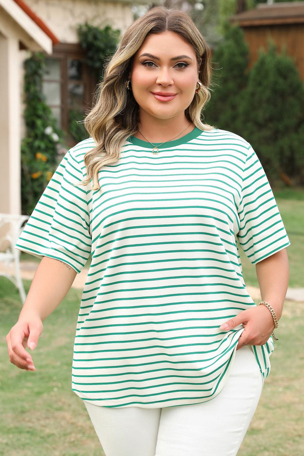 Green Stripe Plus Size St Patricks Day Round Neck T Shirt - loveforevers
