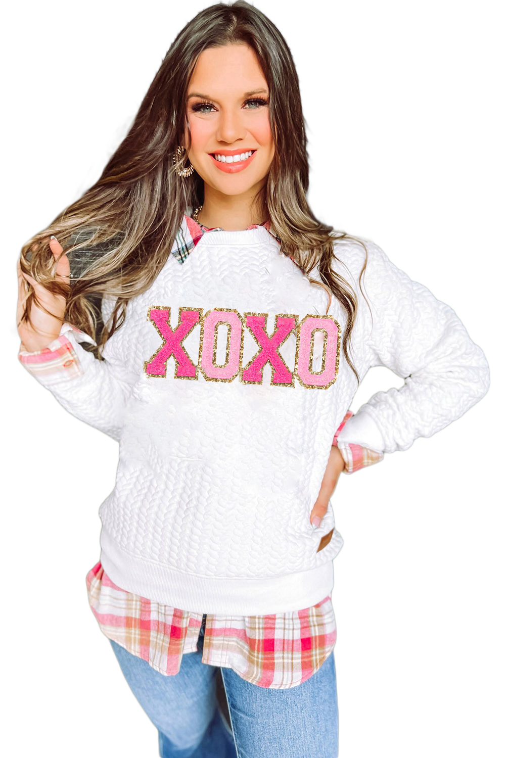 White LOVE Chenille Embroidered Cable Knit Pullover Sweatshirt - loveforevers