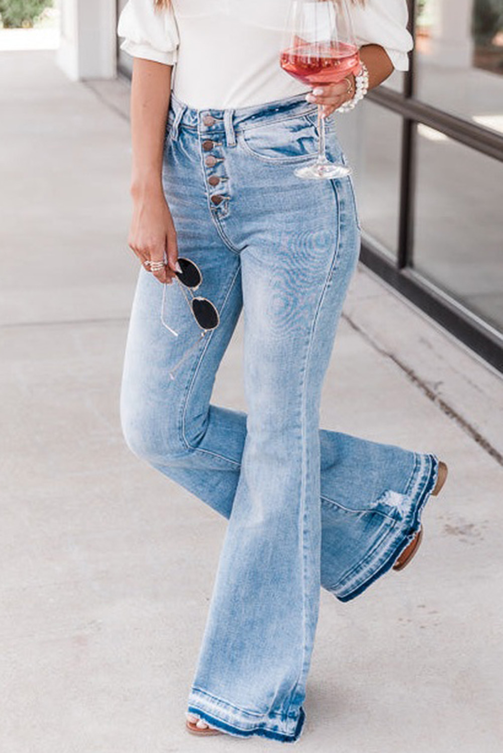 Sky Blue High Waist Buttoned Distressed Flared Jeans - loveforevers