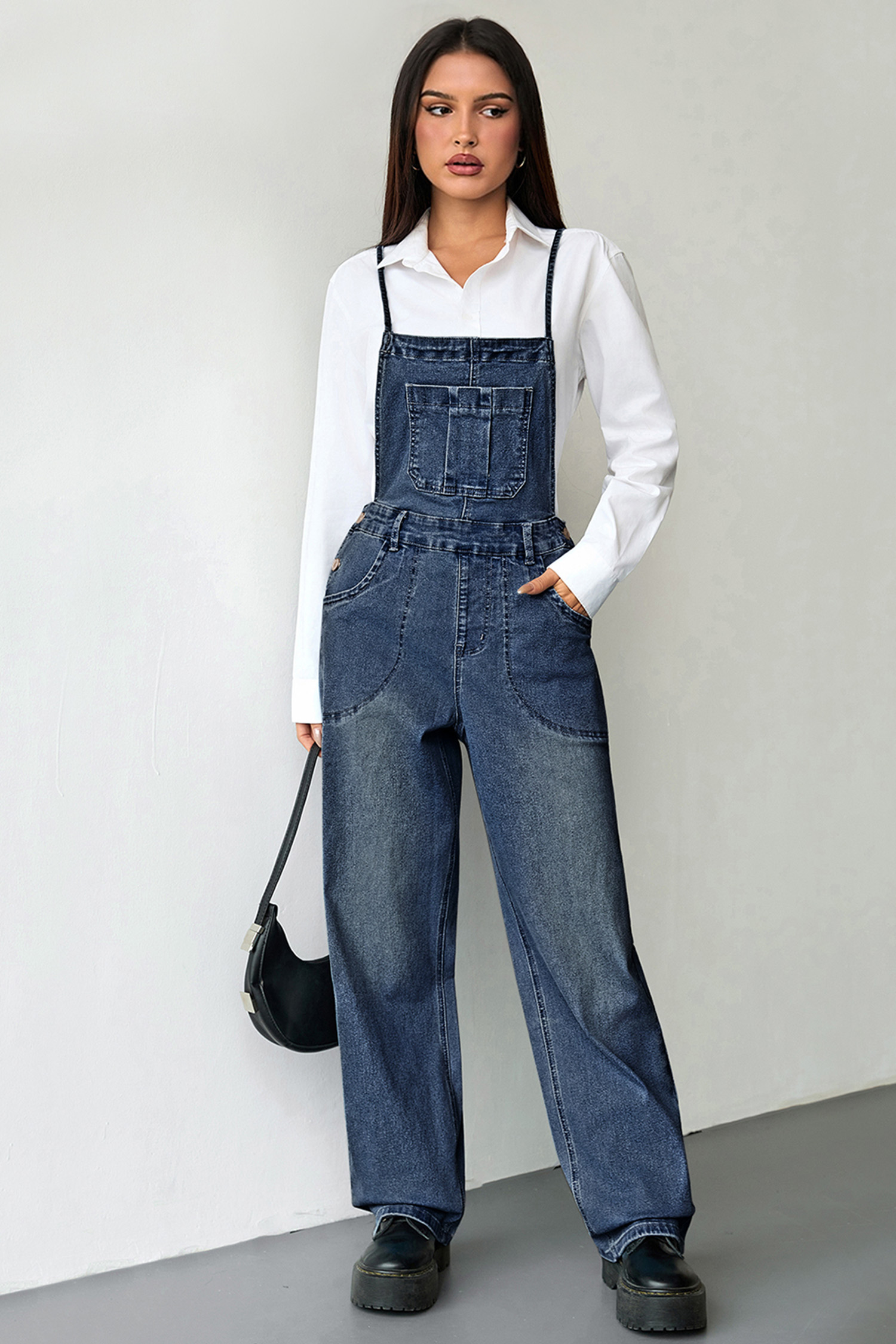 Dark Blue Crossed Tie Straps Bib Pocket Loose Denim Overalls - loveforevers