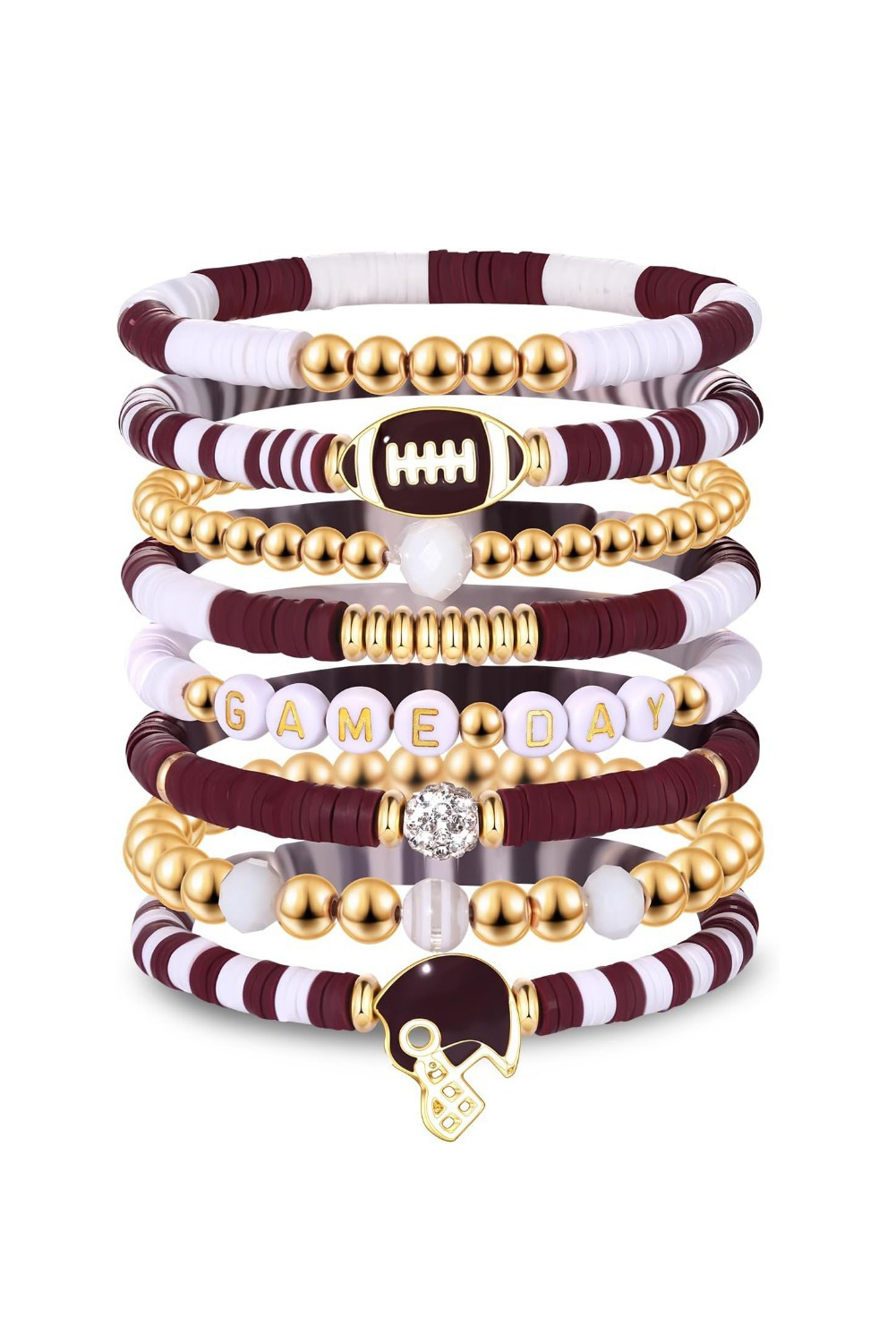 Chestnut Game Day 8pcs Stackable Football Beaded Charm Bracelet Set - loveforevers