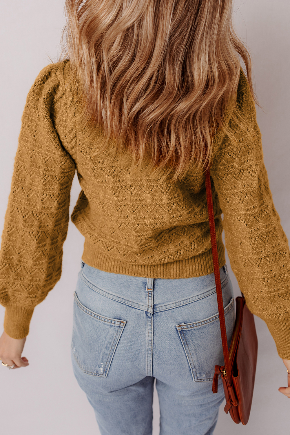 Jurassic Gold Hollow Out Crochet Ribbed Edge Balloon Sleeve Sweater - loveforevers