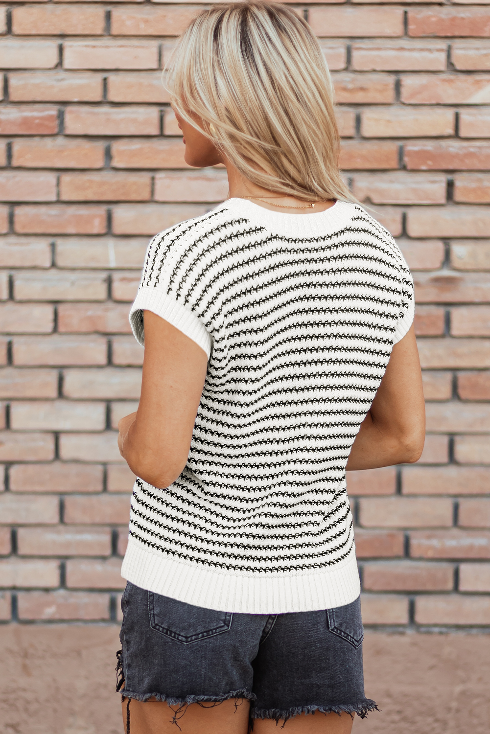 Blue Stripe Ribbed Trim Loose Fit Knitted Sweater Vest - loveforevers