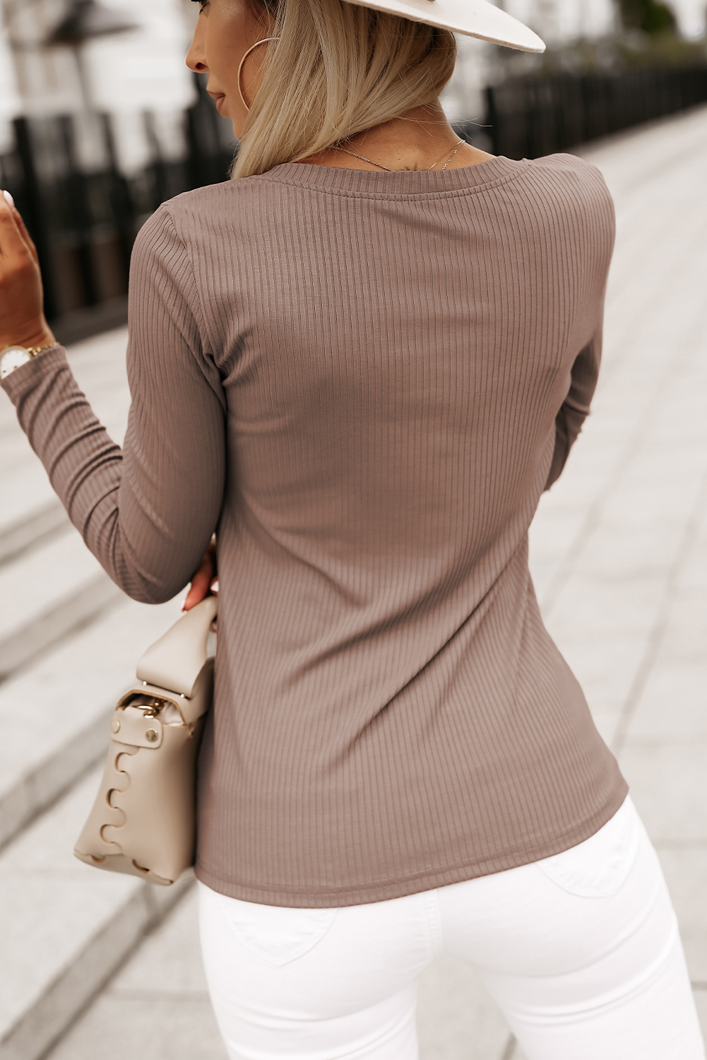 Khaki Ribbed Knit Patched Chest Pocket V Neck Top - loveforevers