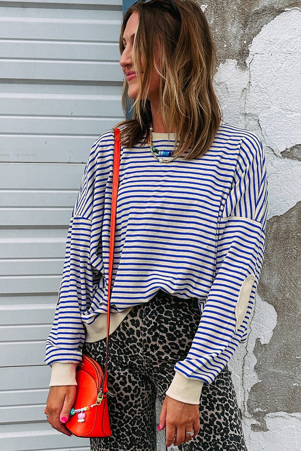 Blue Stripe Textured Elbow Patched Crew Neck Drop Shoulder Sweatshirt - loveforevers