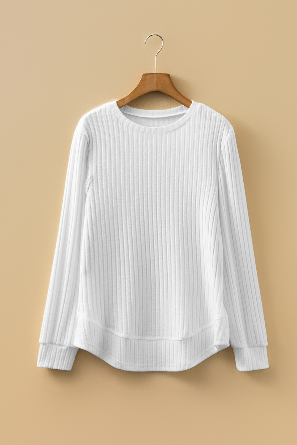 White Ribbed Texture Round Neck Long Sleeve Rounded Hem Knit Top - loveforevers