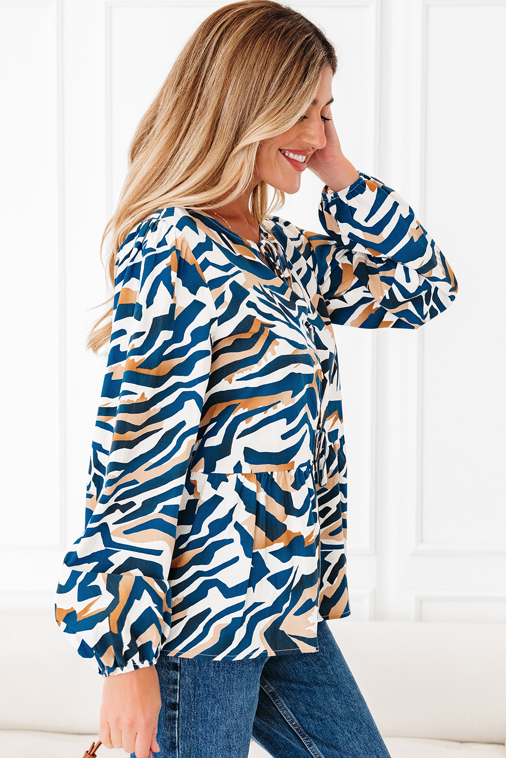 Blue Zebra Print Tied Front Puff Sleeve Top - loveforevers