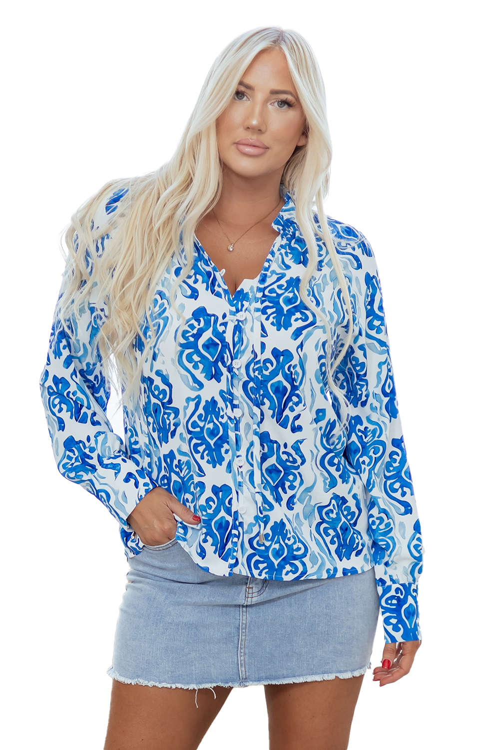 Sky Blue Ethnic Printed Tie Split Neck Button Front Puff Sleeve Shirt - loveforevers