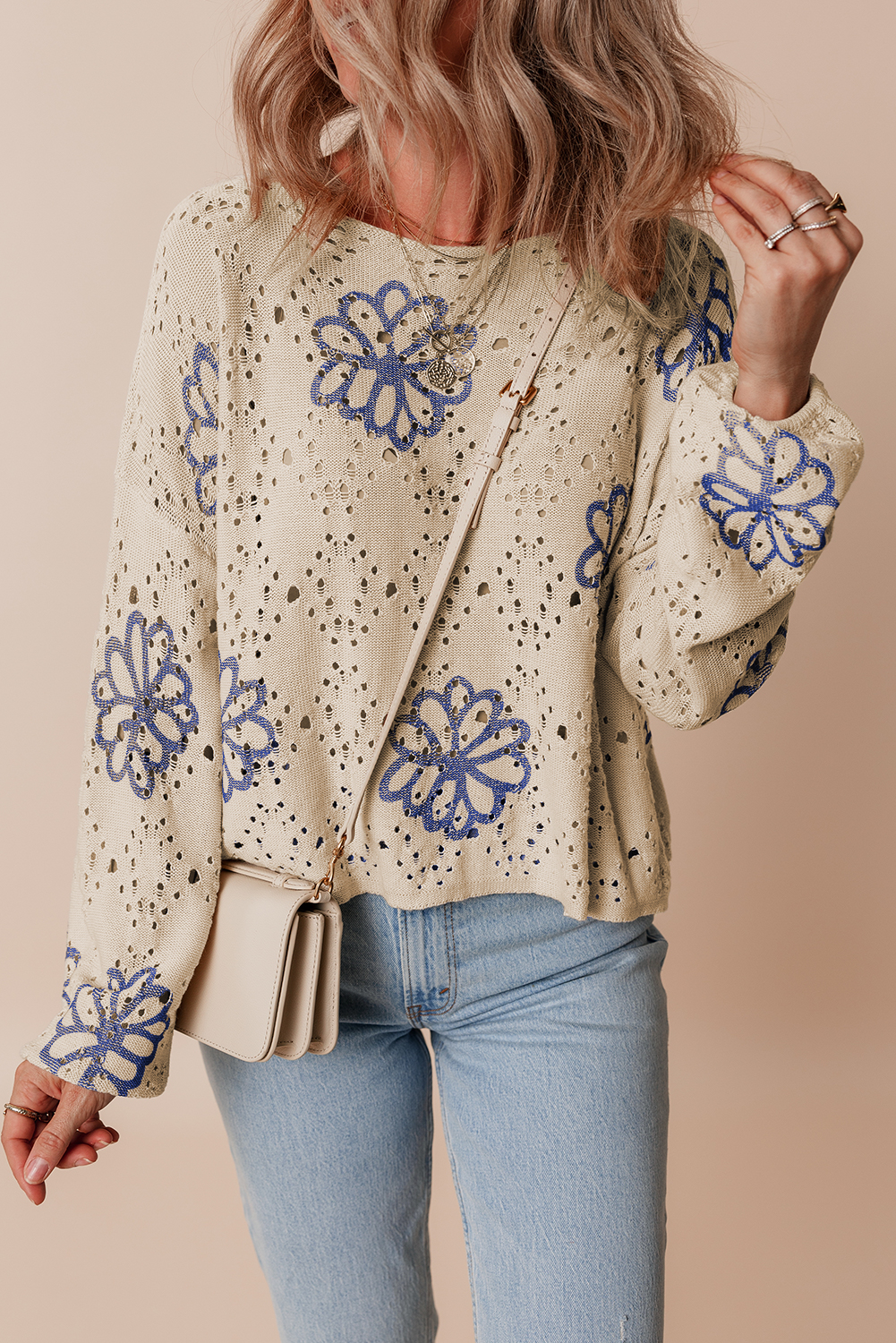 Beige Contrast Flower Print Eyelet Drop Shoulder Sweater - loveforevers