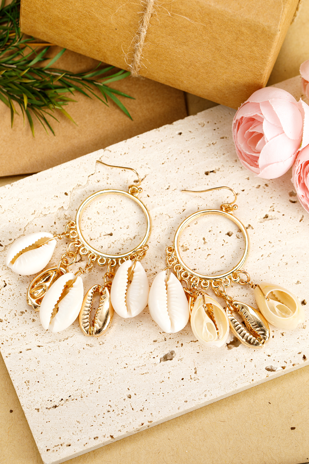 Gold Seashell Charm Hoop Dangle Earrings - loveforevers
