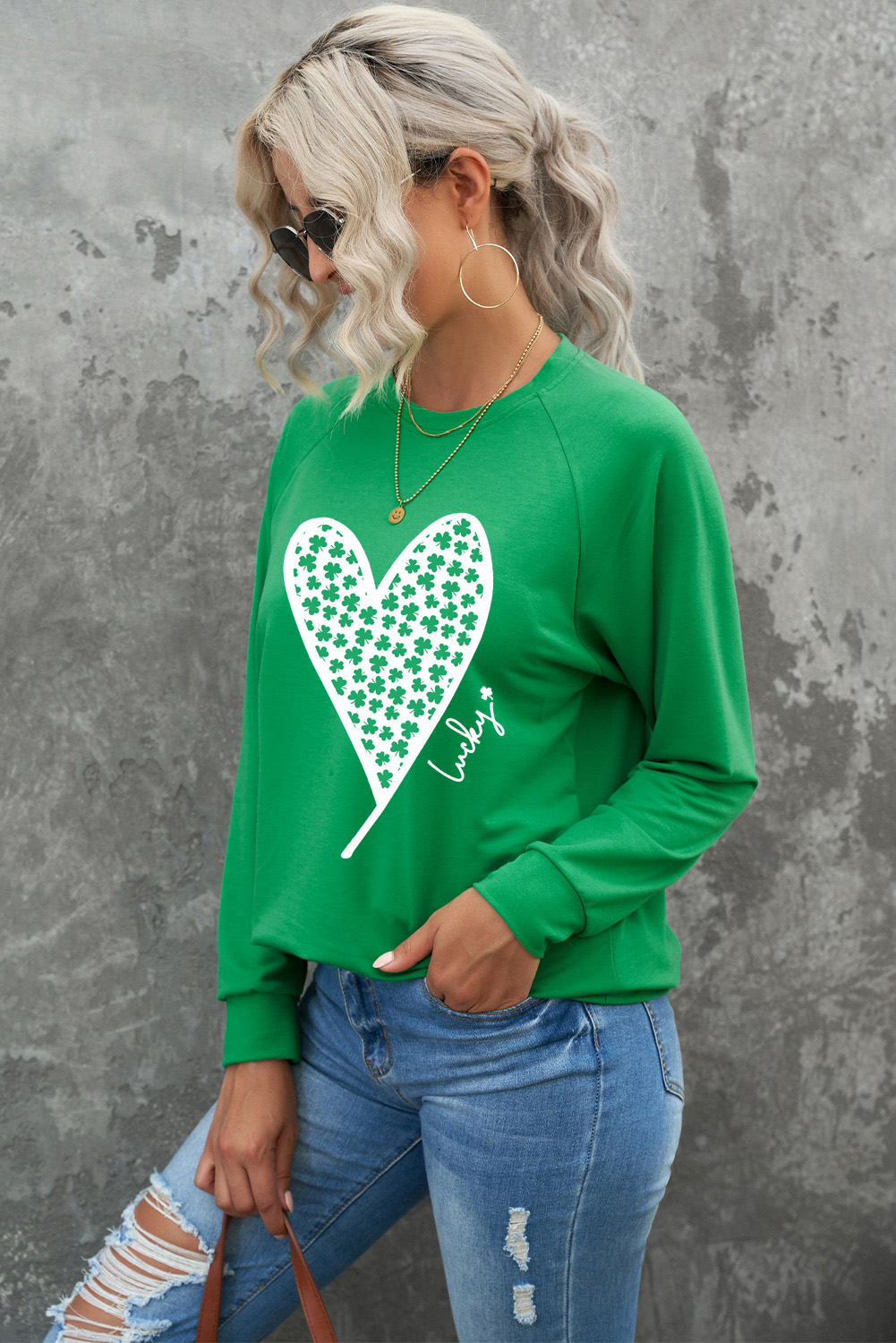 Green St. Patricks LUCKY Clover Print Raglan Sleeve Sweatshirt - loveforevers