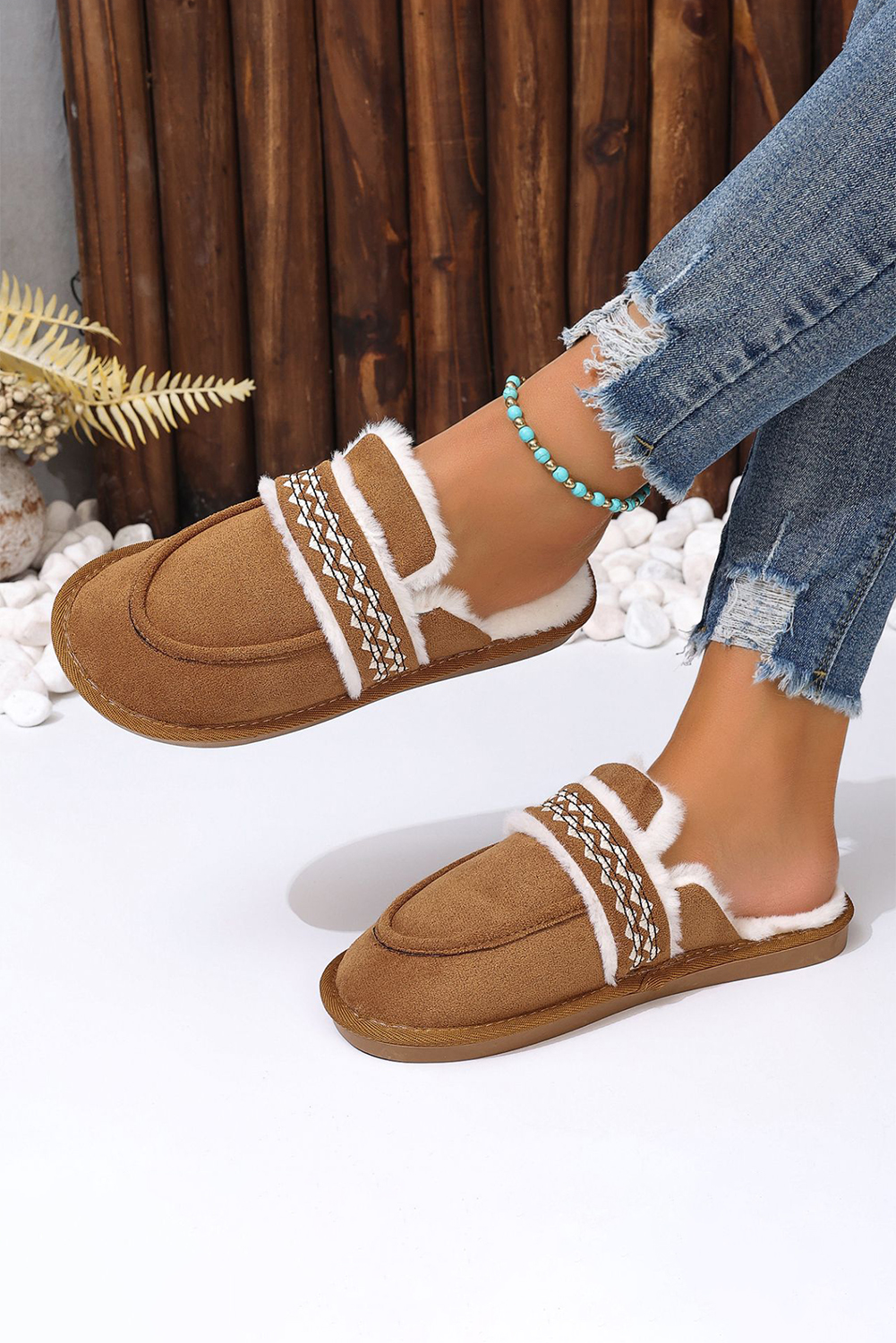 Chestnut Suede Wavy Striped Plush Lined Slippers (Run Small, Size Up) - loveforevers