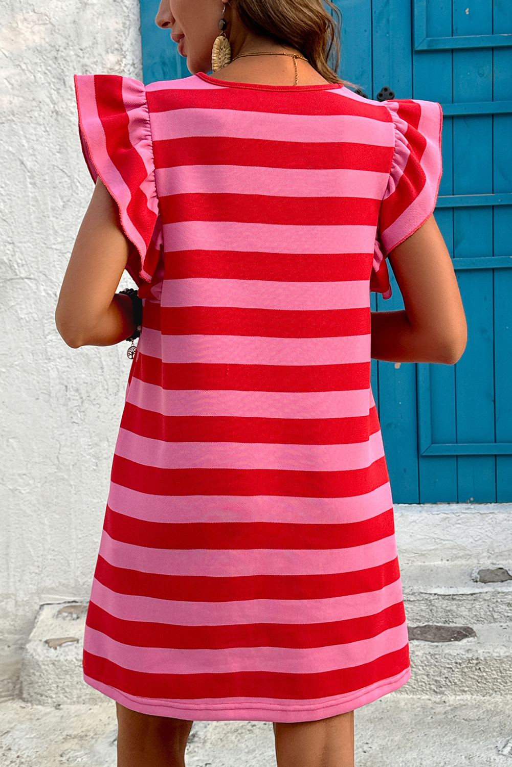 Green Stripe Flutter Sleeve Round Neck Shift Dress - loveforevers