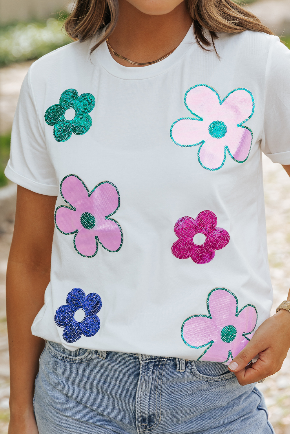 White Sequined Flower Pattern Round Neck T Shirt - loveforevers