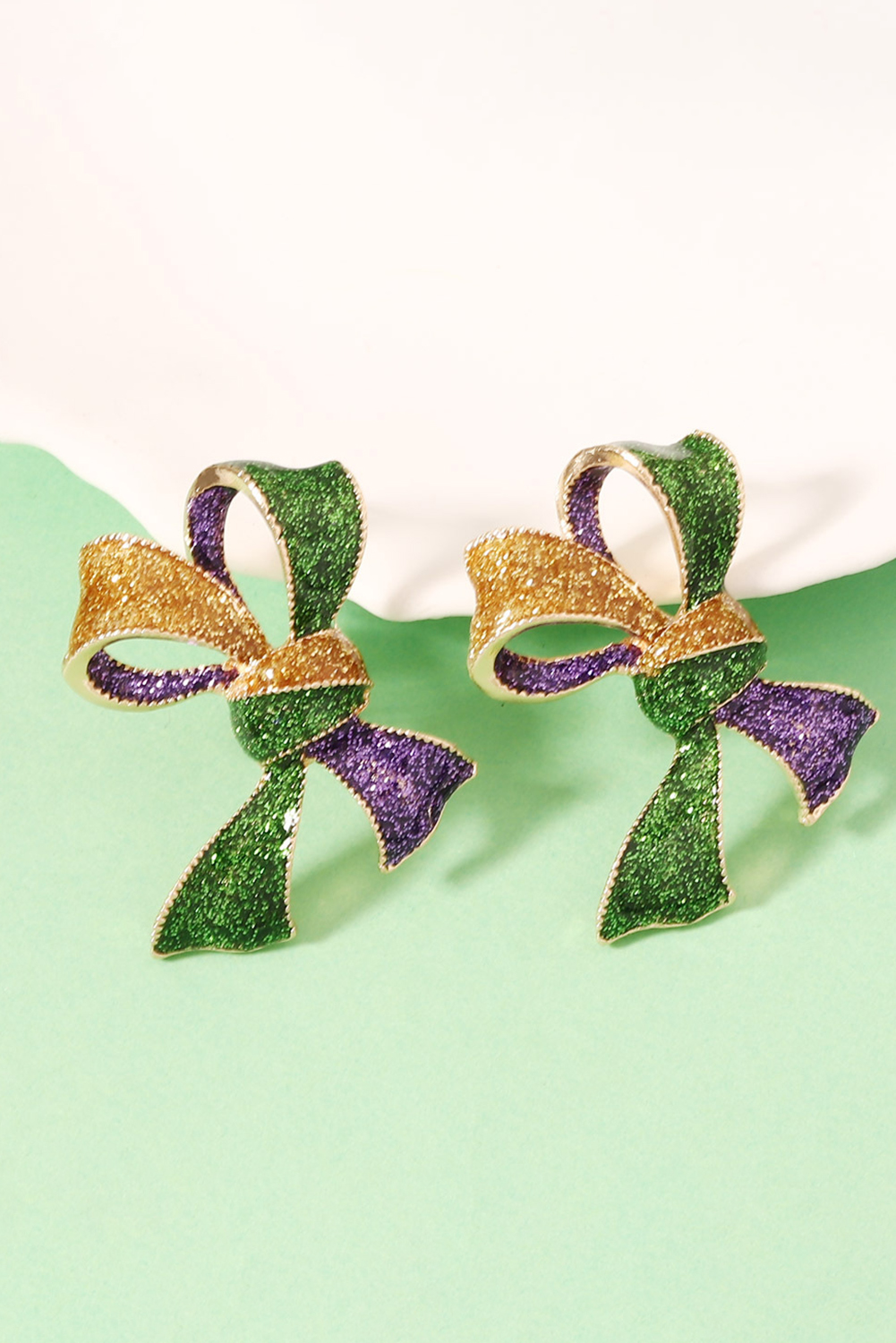 Tillandsia Purple 3D Mardi Gras Bow Dazzling Earrings - loveforevers
