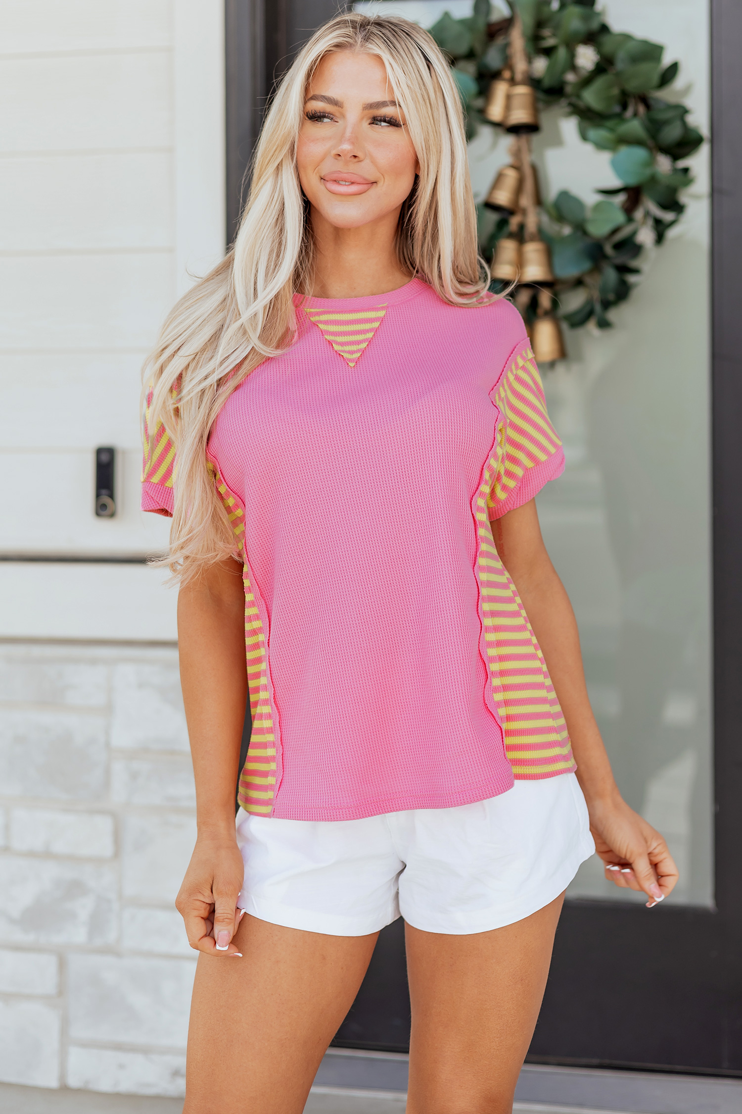 Bright Pink Waffle Textured Contrast Striped Patchwork Loose T Shirt - loveforevers