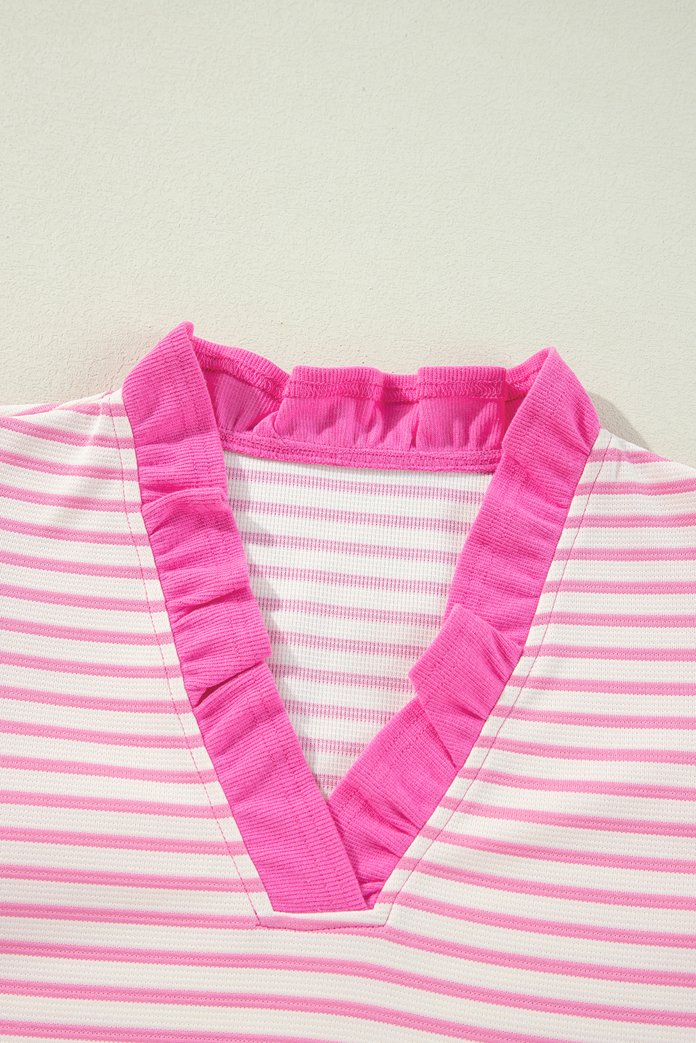 Pink Stripe Ruffled V Neck Cap Puff Sleeve Top - loveforevers