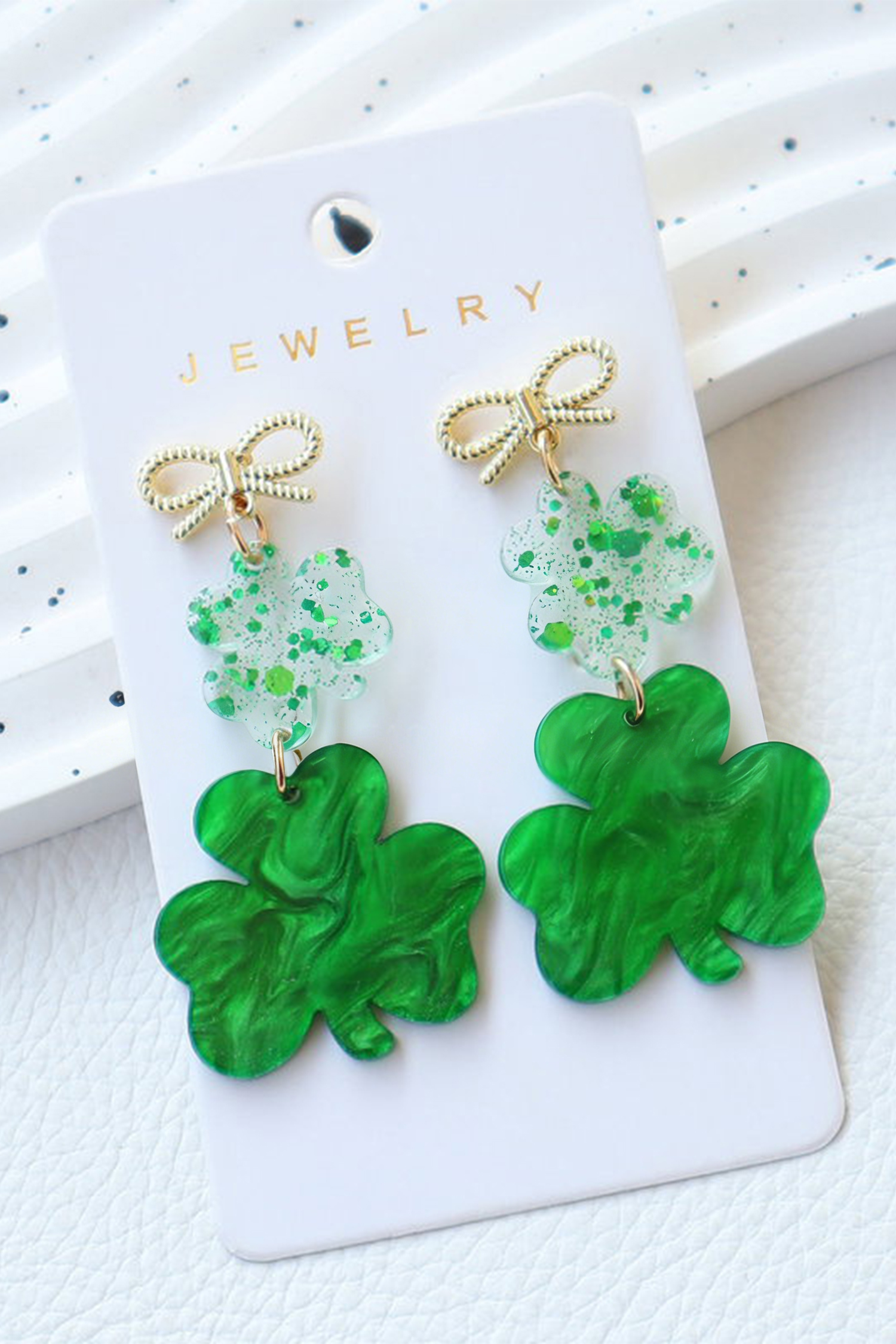 Green Double Clover Dangle Pendant Bow Stud Earrings - loveforevers