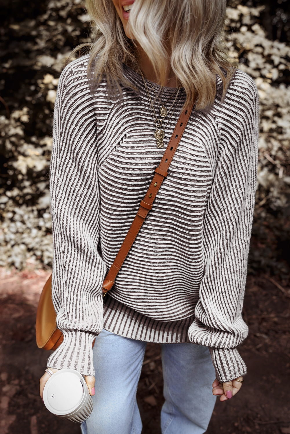 Coffee Striped Print Ribbed Knit Boat Neck Baggy Sweater - loveforevers