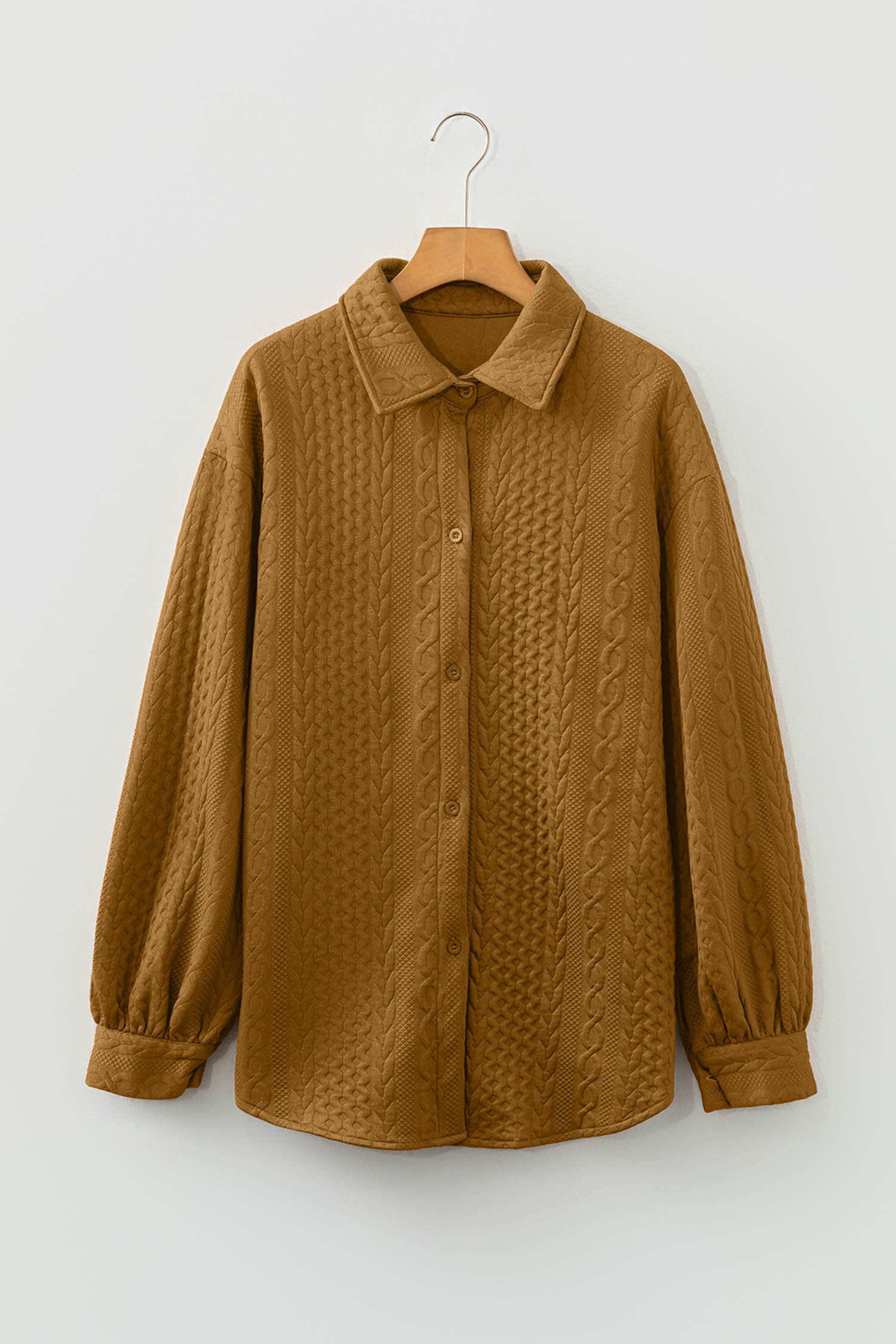 Sepia Rose Cable Texture Puff Sleeve Loose Shacket - loveforevers