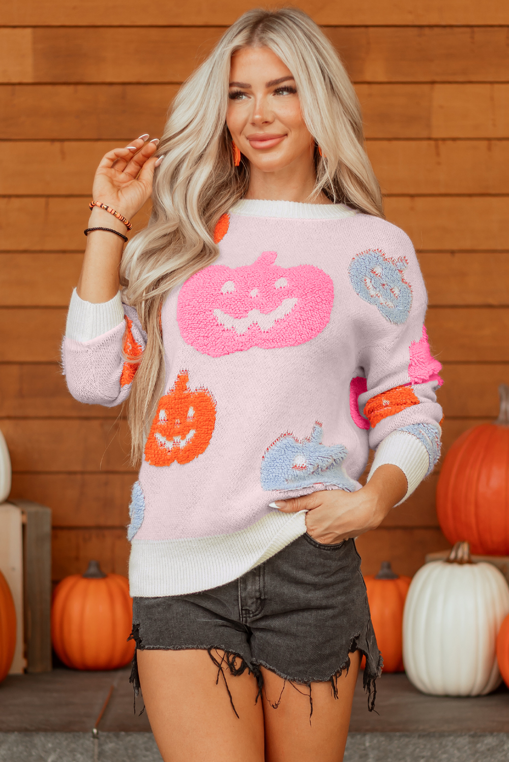 Beige Halloween Cute Pumpkin Pattern Sweater - loveforevers