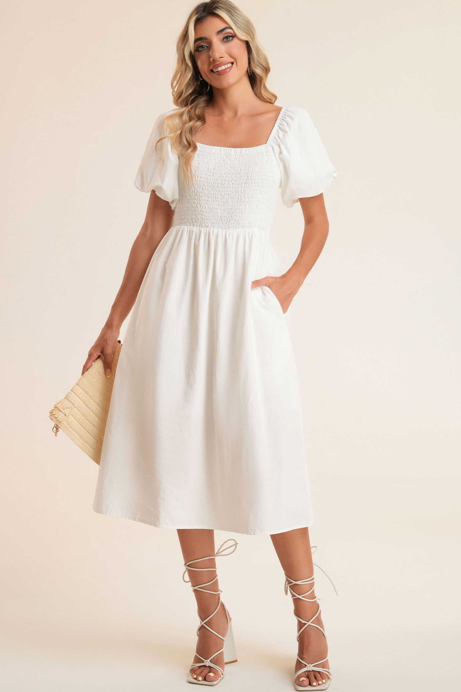 White Custom Square Neck Short Puff Sleeve Smocked Midi Dress - loveforevers