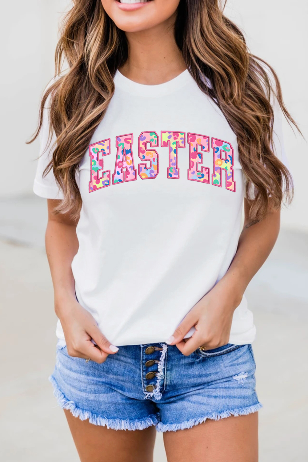 White Cheerful Leopard EASTER Letter Graphic Tee - loveforevers