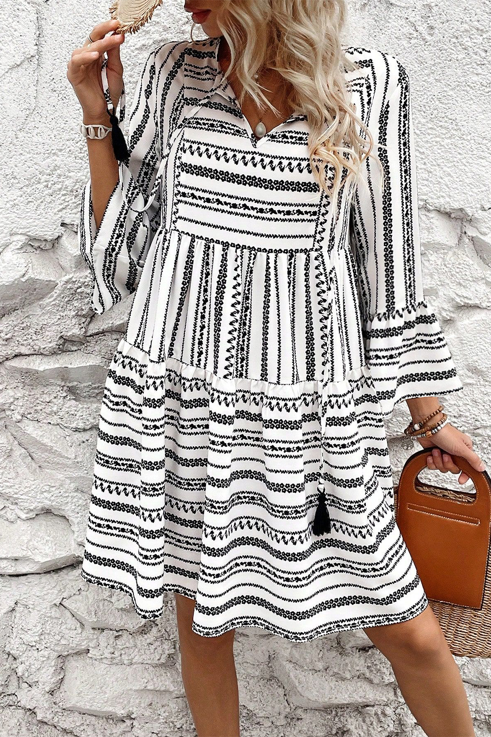 Black Stripe V Neck Bell Sleeve High Waist Mini Dress - loveforevers