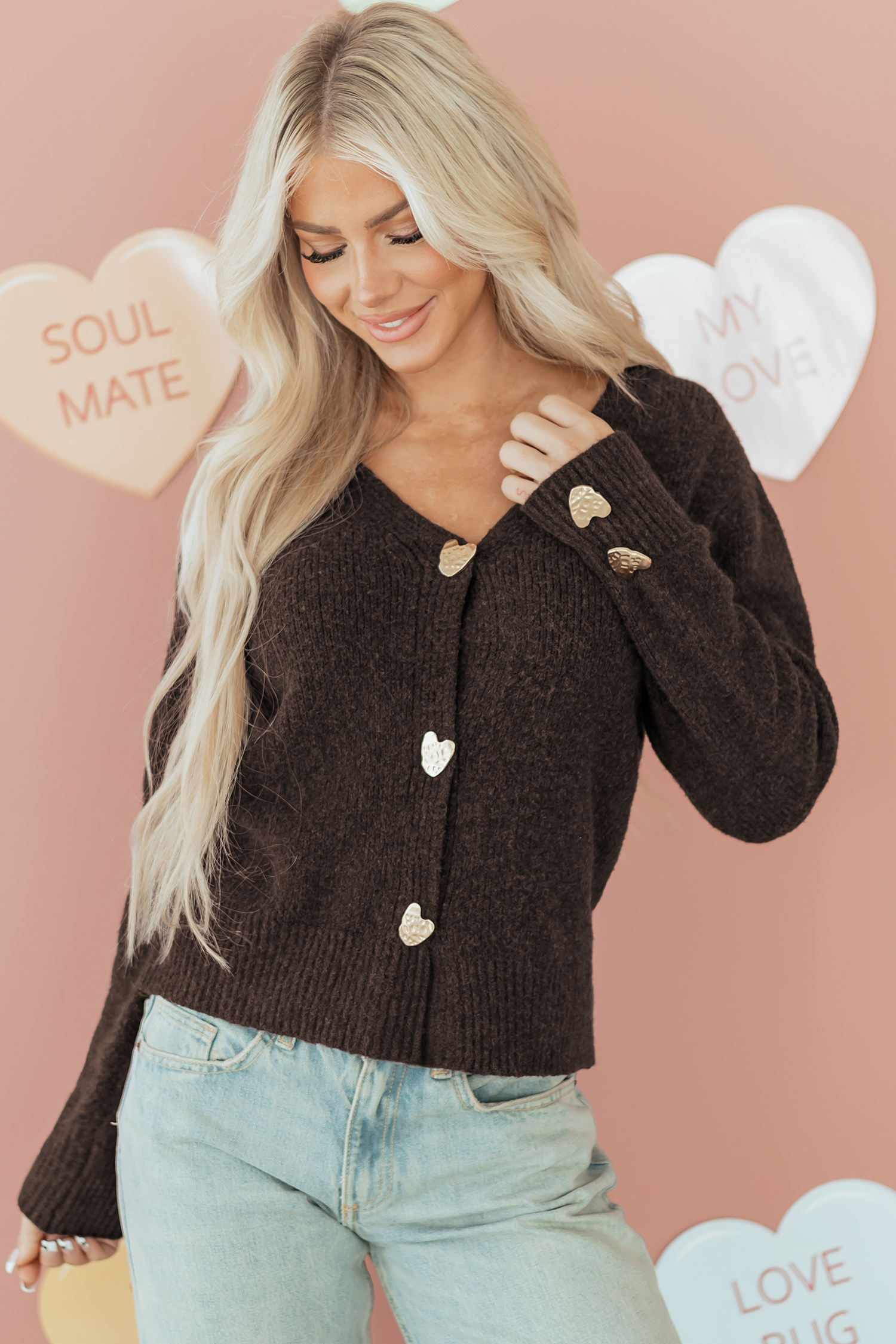 Fiery Red Heart Metal Button V Neck Cardigan Sweater - loveforevers
