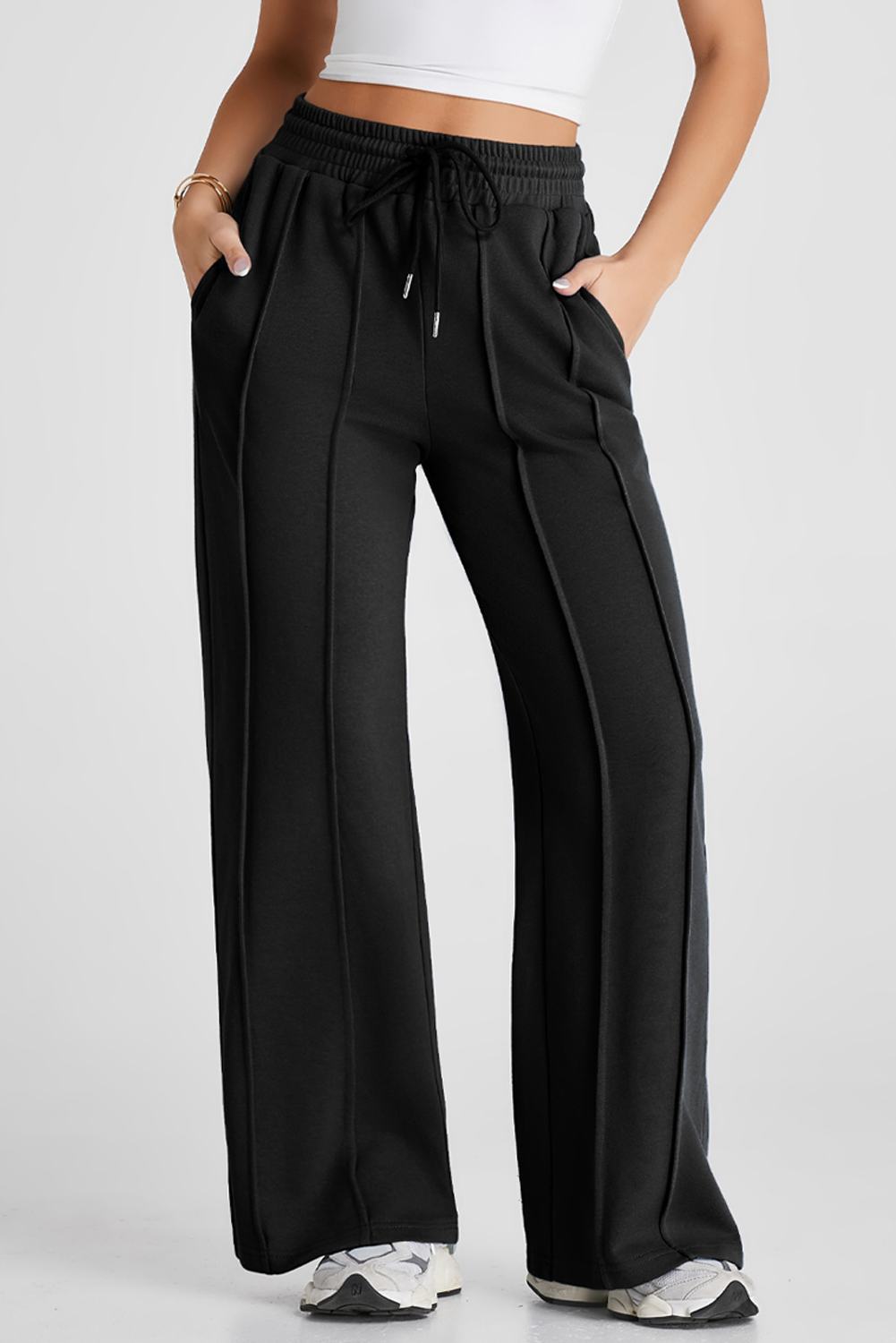 Black Seamed Drawstring High Waist Wide Leg Sweatpants - loveforevers