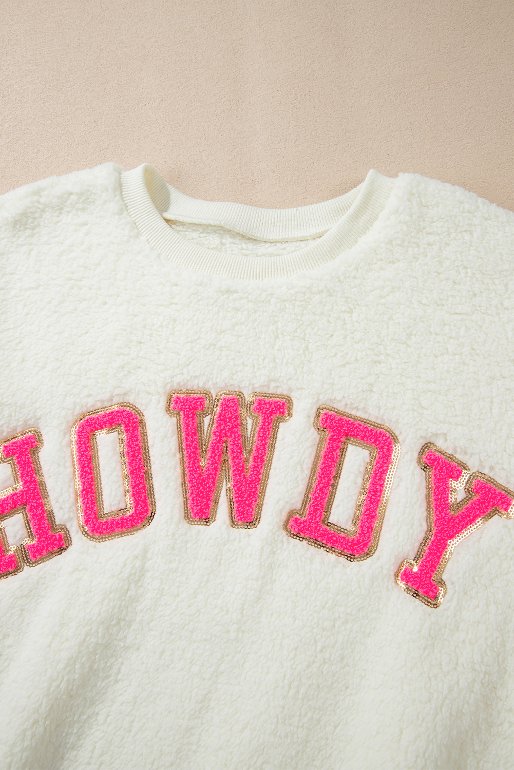 Beige Sherpa HOWDY Patched Pullover Sweatshirt - loveforevers