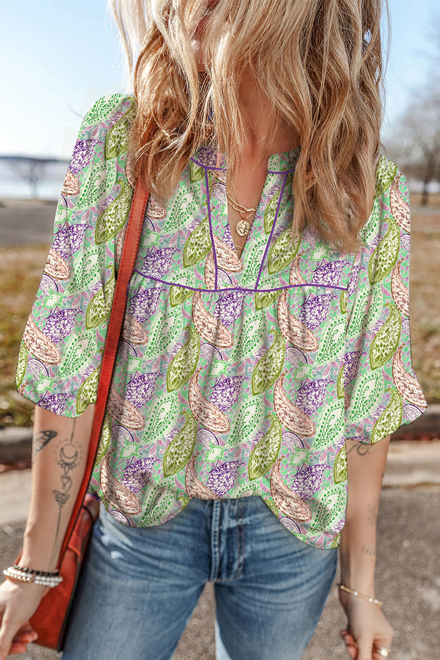 Green Boho Paisley Print Half Puff Sleeve Blouse - loveforevers