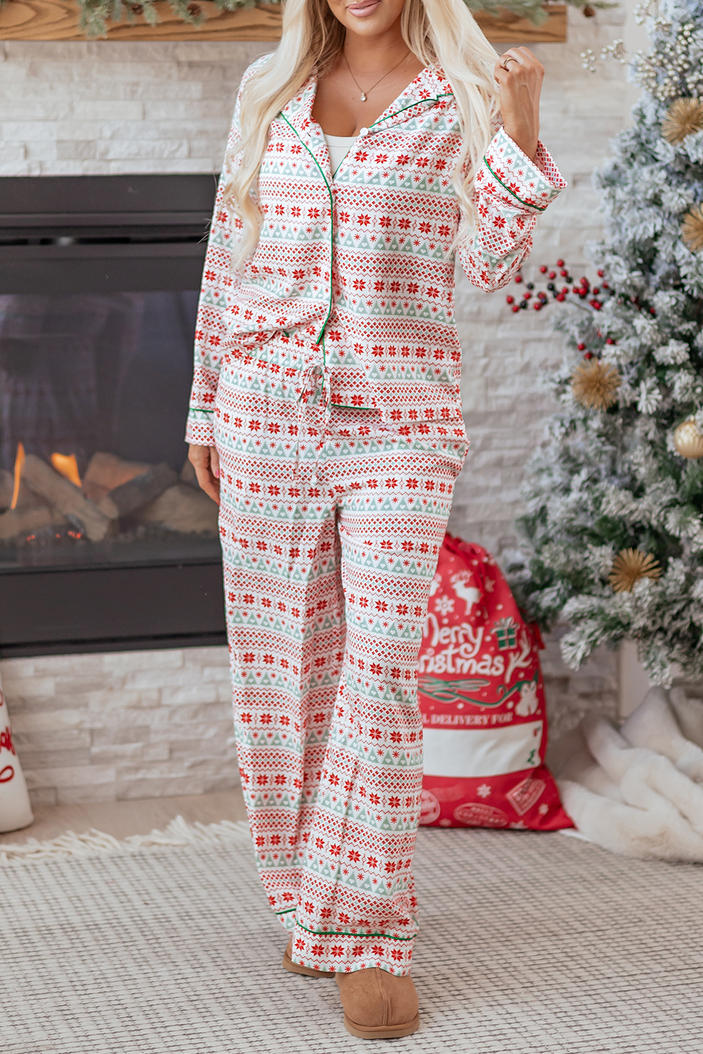 White Christmas Pattern Print Shirt Style Long 2pcs Pajama Set - loveforevers