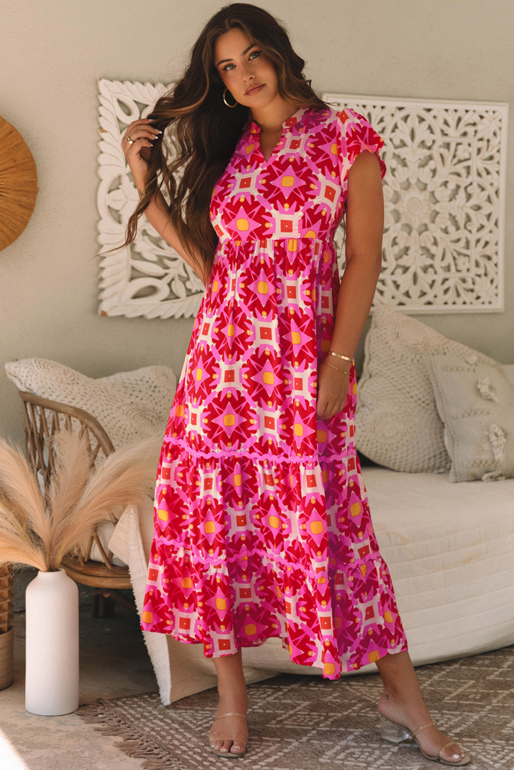 Strawberry Pink Geo Print V-neck Maxi Dress - loveforevers
