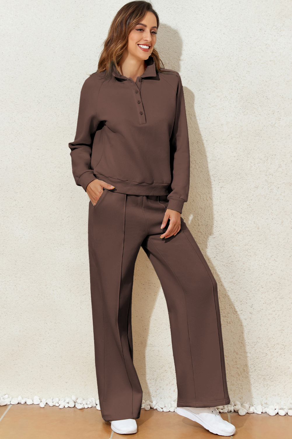 Dark Brown Solid Collared Sweatshirt and High Waist Pants Active Set - loveforevers