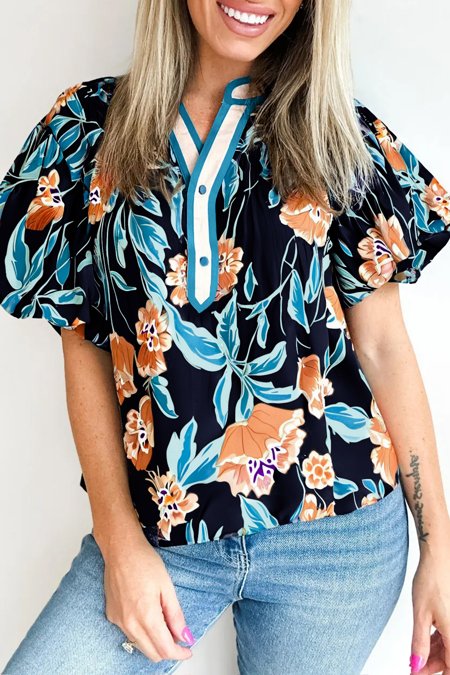 Black Floral Short Bubble Sleeve Buttoned Notched Neck Blouse - loveforevers