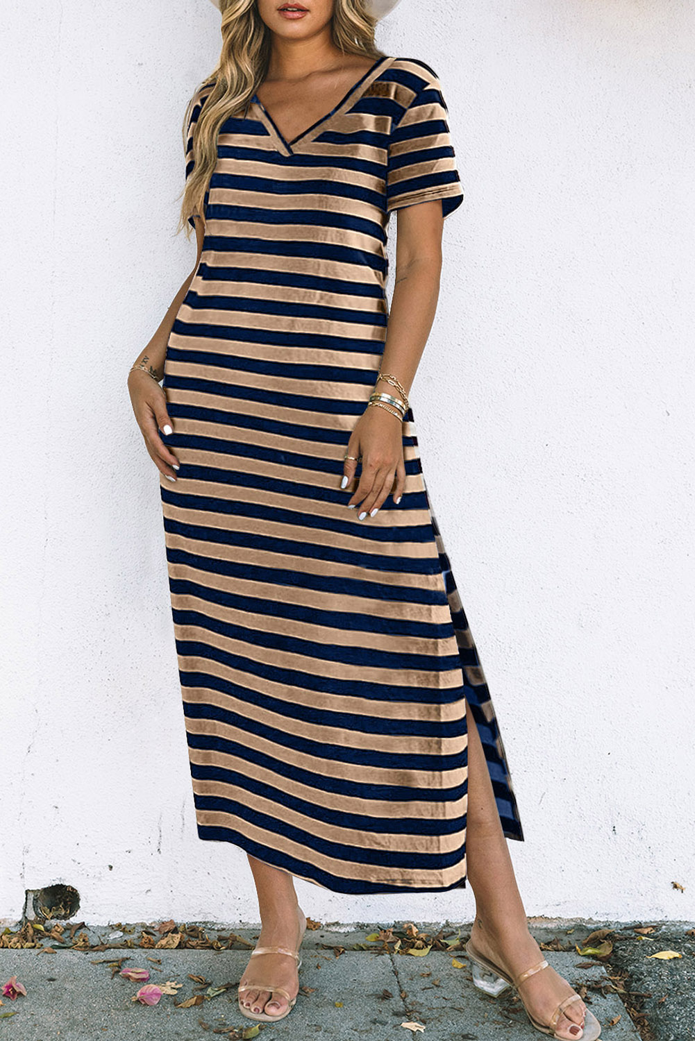 Fiery Red Black Stripe Print V Neck Maxi Dress with Side Splits - loveforevers