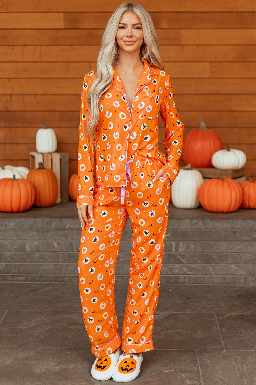 Orange Halloween Print Lapel Shirt Long 2pcs Pajama Set - loveforevers