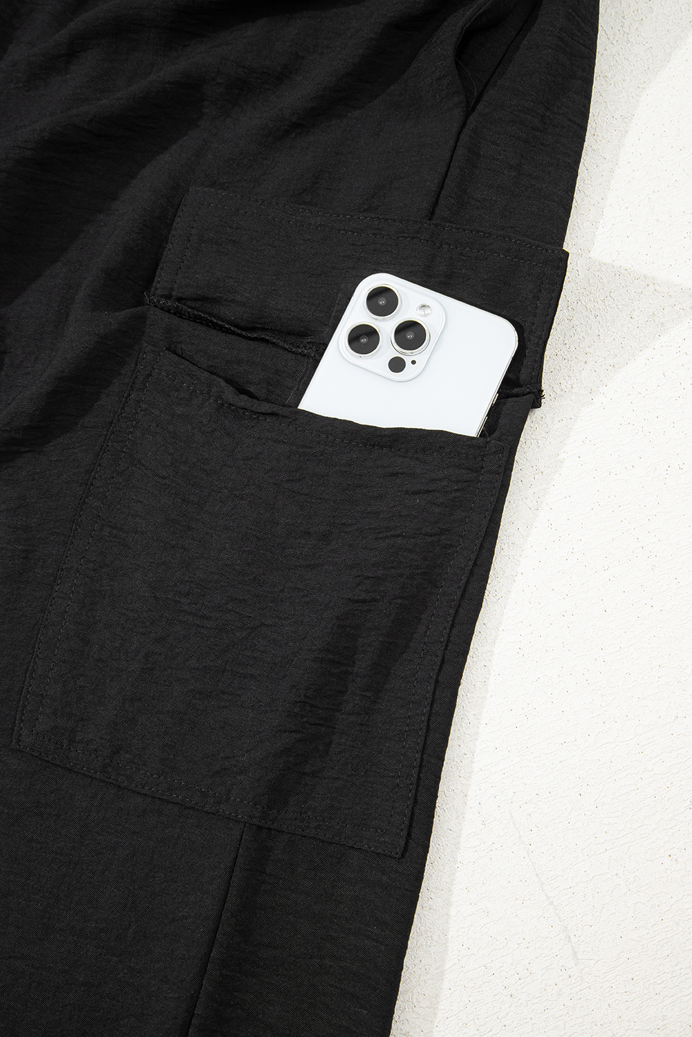 Black Drawstring Frilled Elastic Waistband Wide Leg Utility Trousers - loveforevers