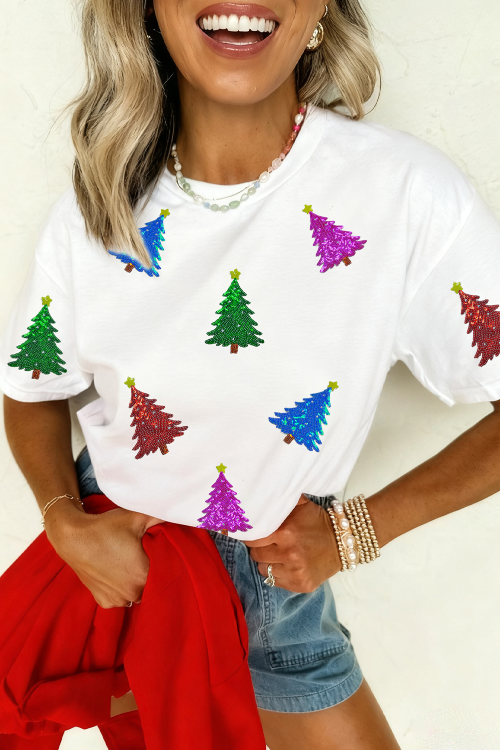 White Glitter Christmas Tree Pattern Cuffed Sleeve Christmas T Shirt - loveforevers
