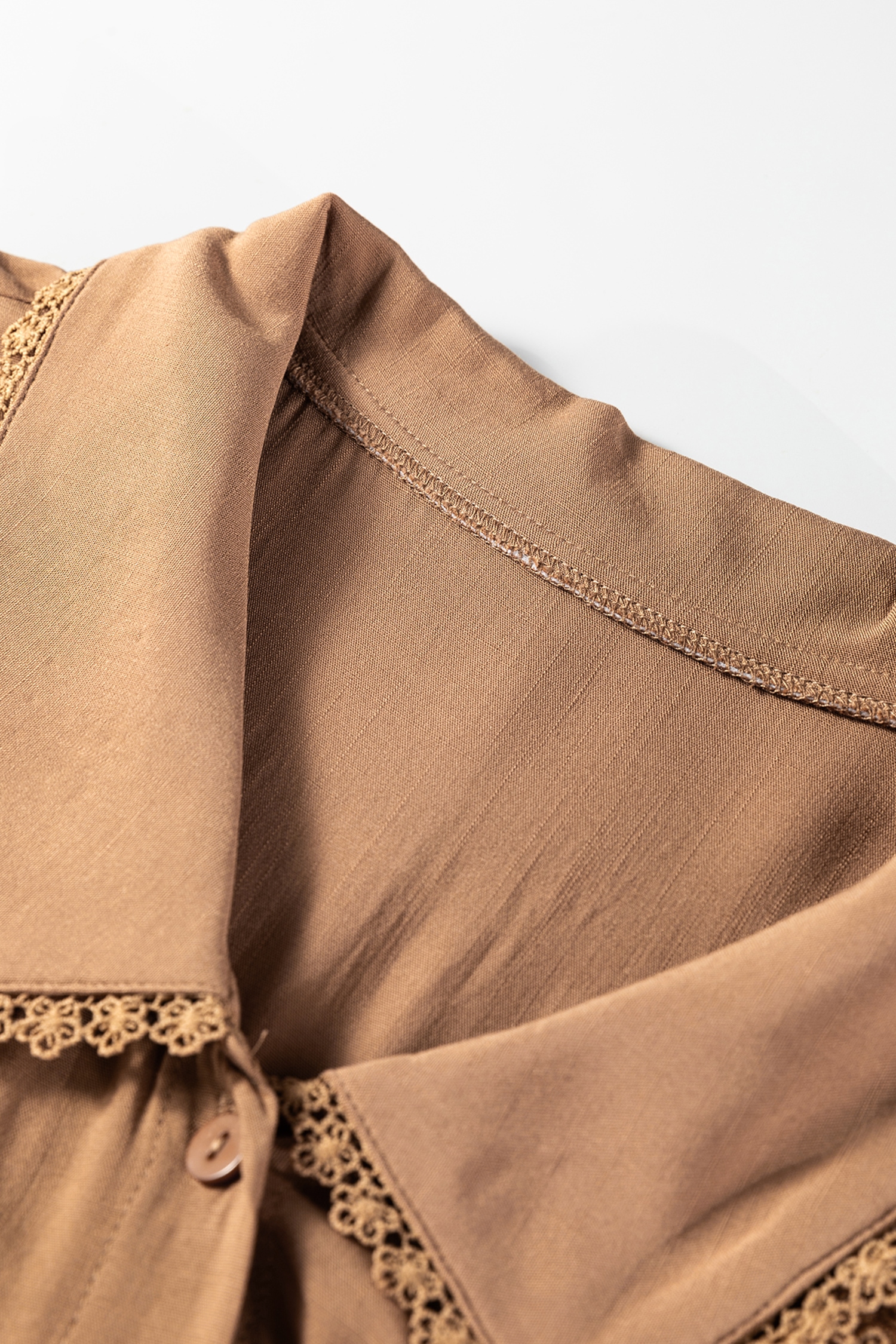 Straw Yellow Lace Trim Peter Pan Collar Long Sleeve Mini Shirt Dress - loveforevers