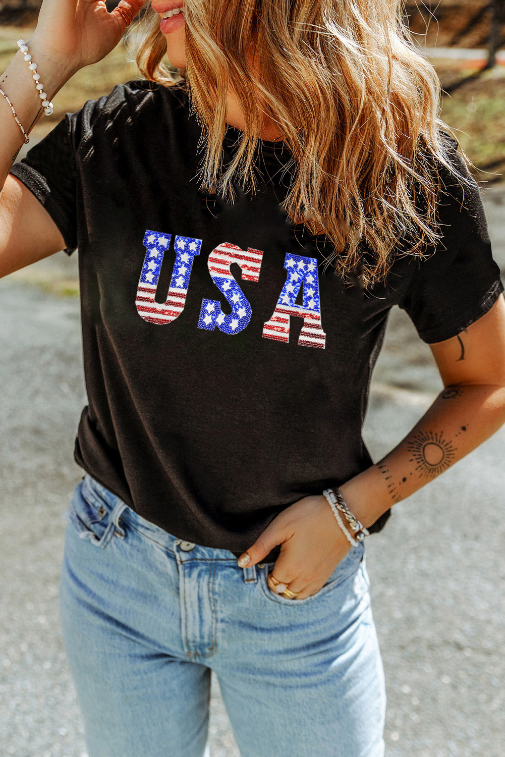 Black USA Stars and Stripes Crew Neck Graphic Tee - loveforevers