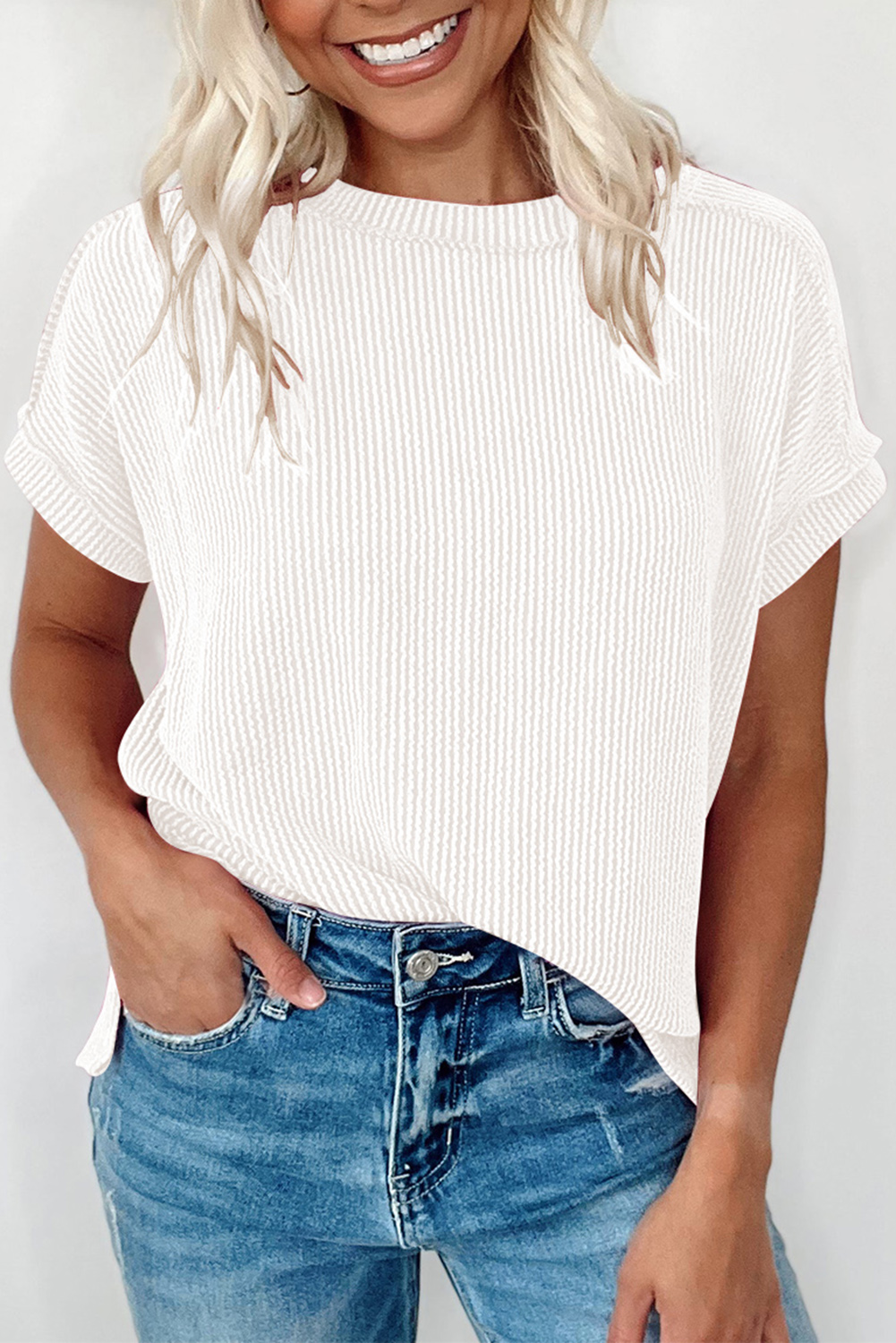 White Textured Knit Exposed Stitching T-shirt - loveforevers