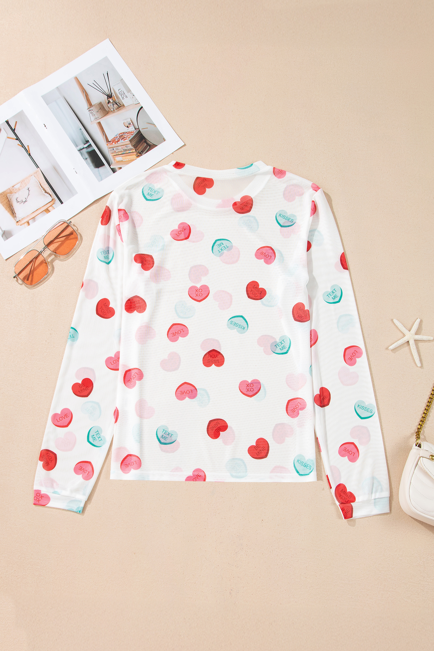 White Sheer Mesh Valentines Slogan Heart Printed Long Sleeve Top - loveforevers