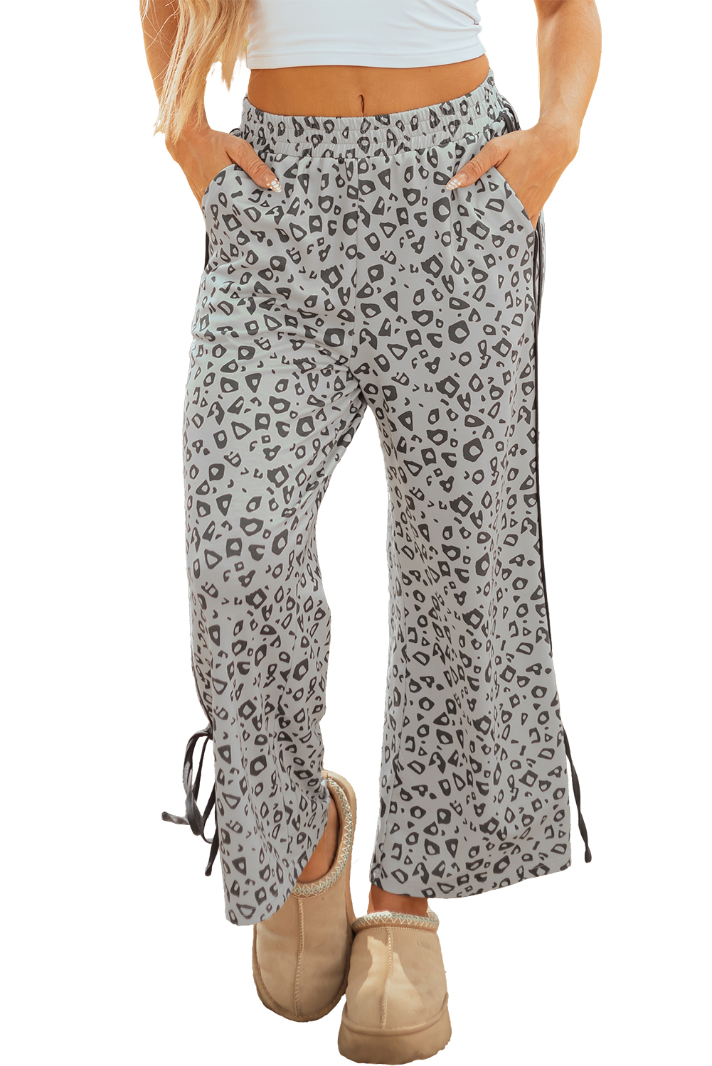 Gray Leopard High Waist Side Bow Straight Leg - loveforevers