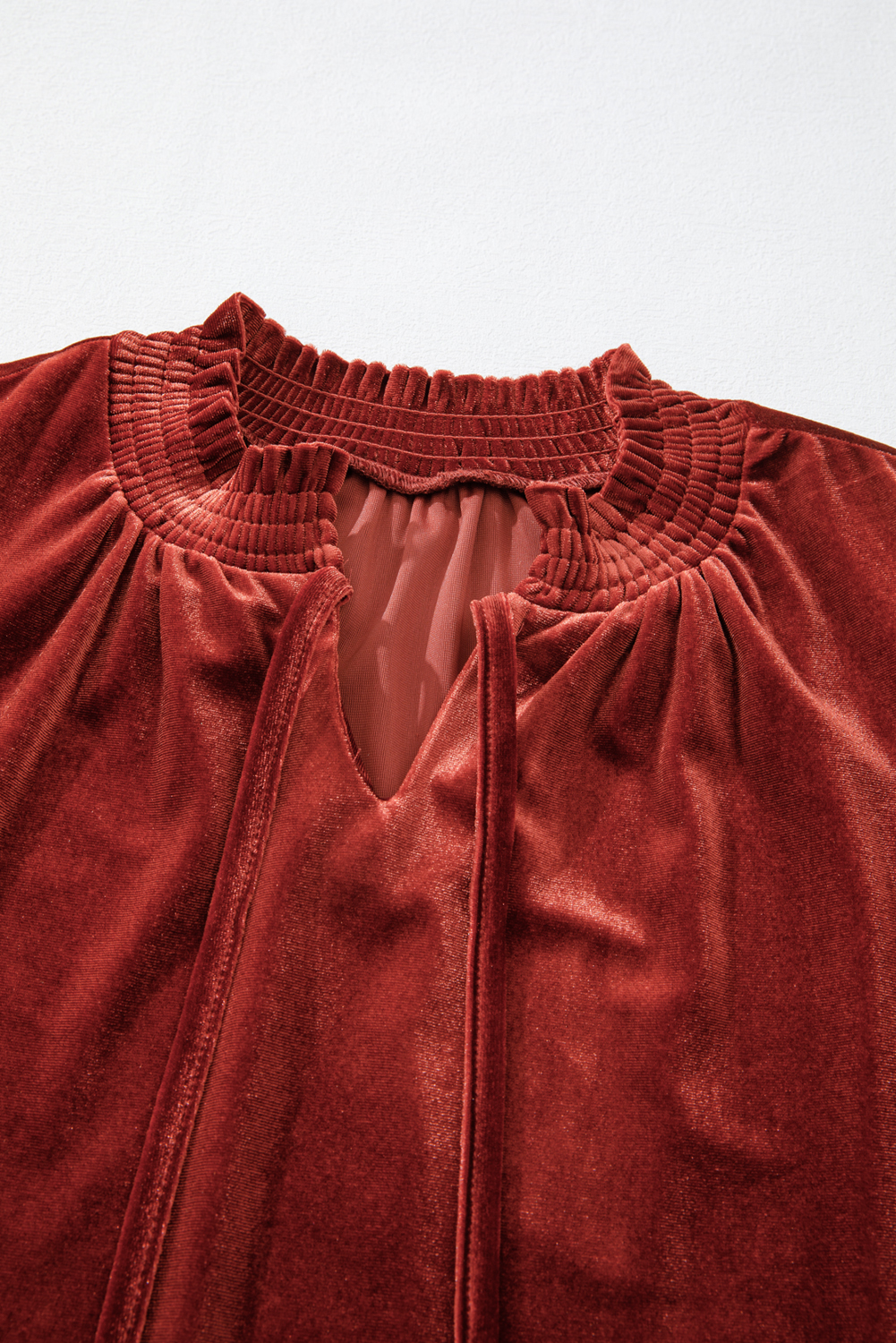 Cinnamon Velvet Smocked Neckline Puff Sleeve Shift Mini Dress - loveforevers