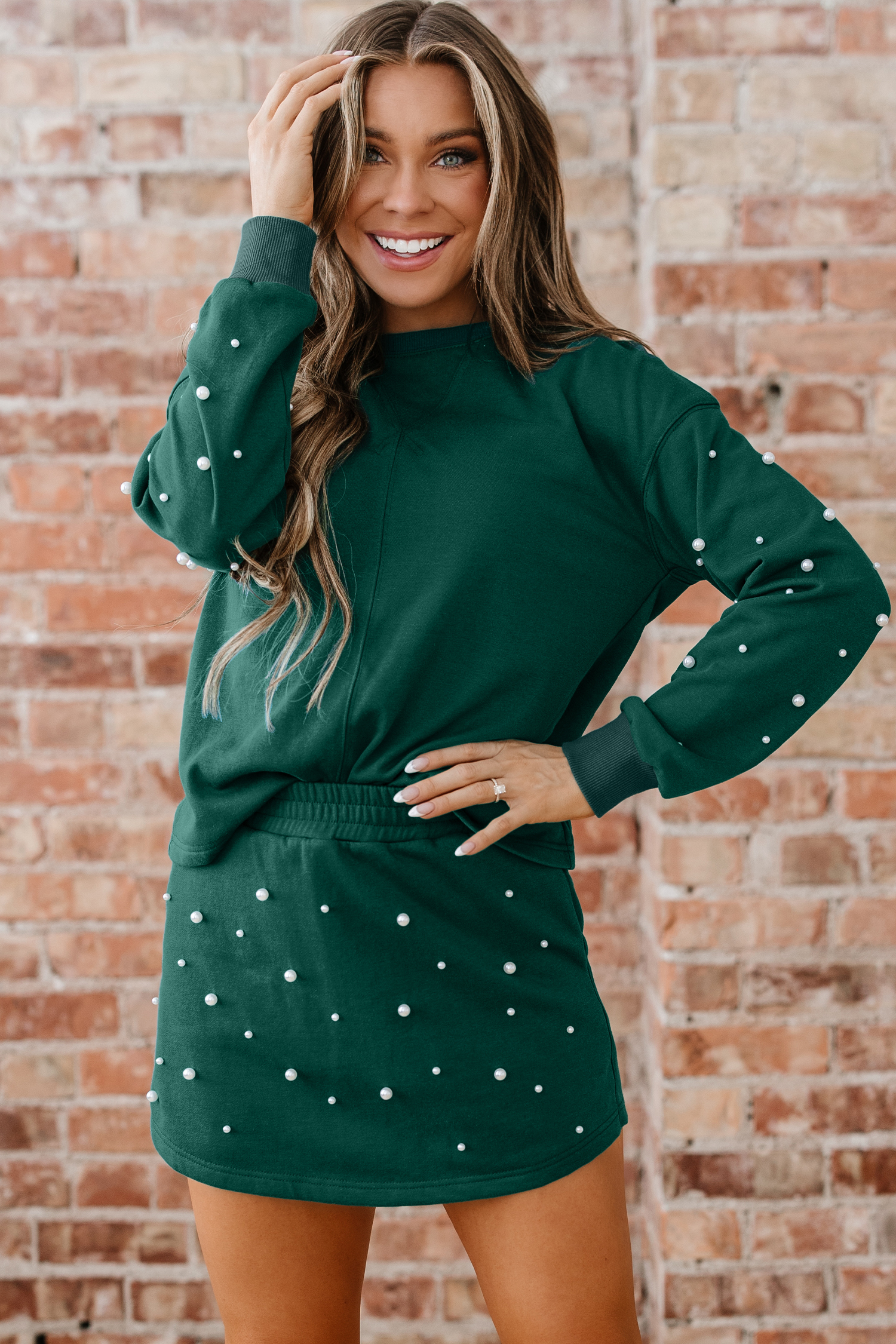 Dark Green Pearl Embellished Drop Shoulder Pullover Elastic Waist Mini Skirt Set - loveforevers