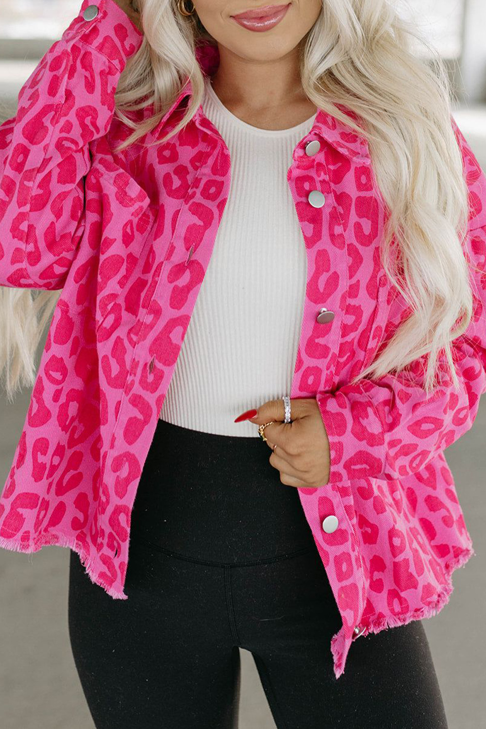 Pink Leopard Print Button Cuffs Raw Hem Jacket - loveforevers